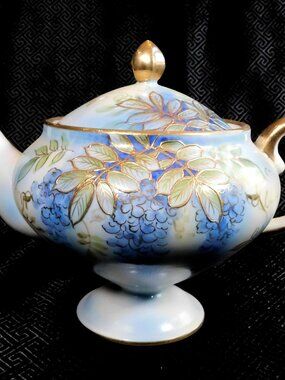 Shofu Japan Footed Blue Teapot with Grapes and Raised Gold Trim # 24439